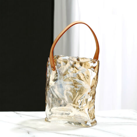 Jarrón de cristal original – forma de bolso – jarrón burbuja decorativo moderno para decoración de mesas, acuarios o flores – cristal gris o dorado – tamaños S, M, L