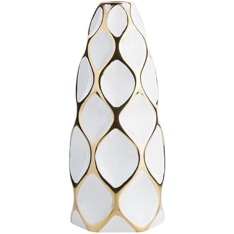 Jarrón de mesa de flores blanco de gres dorado 36 cm geométrico Avila