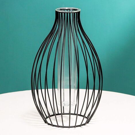 Jarrón de vidrio hidropónico con soporte de metal en forma de farol para decoración de oficina, hogar, boda, color negro