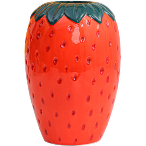 Jarrón decorativo de cerámica con forma de fresas rojas, 20 x 13 cm, diseño único esmaltado a mano, ideal para mesa, escritorio, estante o como regalo.