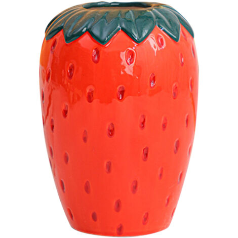 Jarrón decorativo de cerámica de 15 x 10,5 cm, rojo – Jarrón de cerámica con forma de fresa para mesa, estante o como regalo.