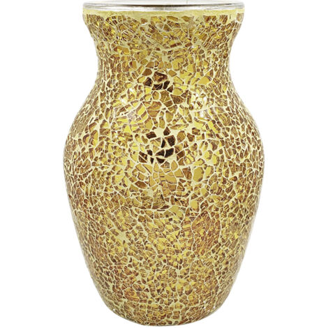 Jarrón decorativo de mosaico hecho de vidrio craquelado color oro – 20,5 cm de alto, 1100 g – Pieza única hecha a mano para decoración de mesa y accesorios para el hogar.