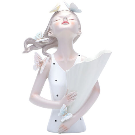 Jarrón decorativo de resina [niña con ramo de flores y mariposas] [31 cm, blanco/negro] 800 g