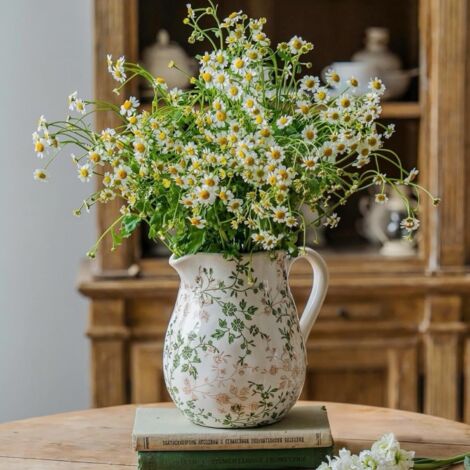 Jarrón floral de cerámica verde y blanca con asa, jarrón floral de inspiración china para decoración de interiores, centro de mesa de 20 cm.
