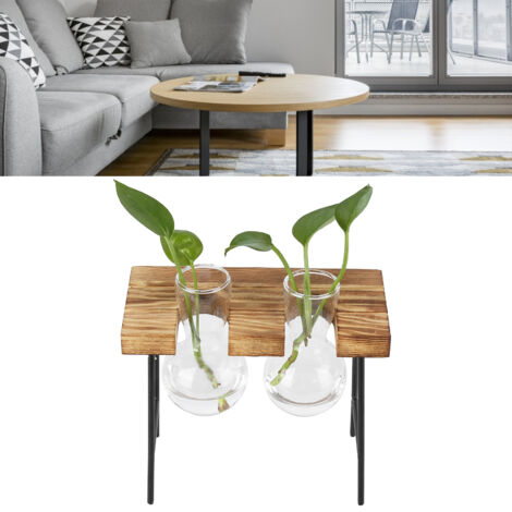 Jarrón hidropónico con soporte de madera y 2 recipientes de vidrio de borosilicato para oficina y jardín.