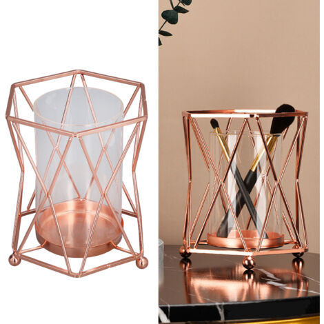 Jarrón hidropónico con soporte de metal, cristal transparente, jarrón para plantas color oro rosa para sala de estar, oficina, decoración floral
