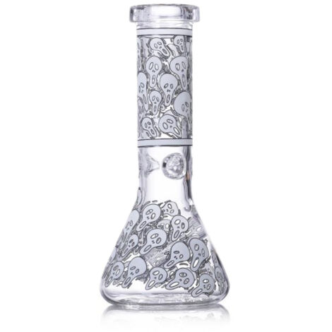 Jarrón Lumino XL, de cristal transparente con motivo de calavera blanca, cilíndrico, 25 cm, decorativo para oficina o salón.