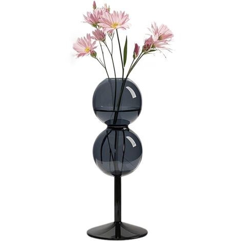 Jarrón para hidroponía y decoración, doble esfera HP2073 de vidrio burbuja con arreglo floral, gris.