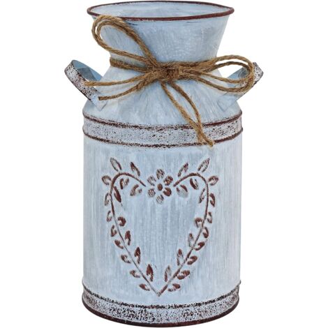 Jarrón rústico Shabby Chic - Jarra de leche con acabado galvanizado y asa, estilo granja vintage, de metal rústico con forma de corazón y diseño de cuerda - 19,5 cm (gris claro)