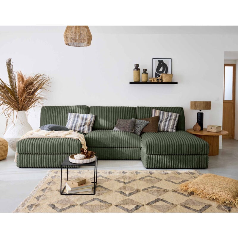 Lisa Design - Jasper - canapé panoramique modulable - en fausse fourrure côtelée - vert