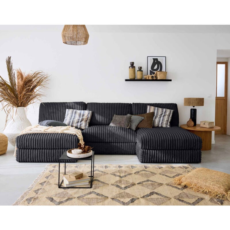 Lisa Design - Jasper - canapé panoramique modulable - en fausse fourrure côtelée - gris anthracite