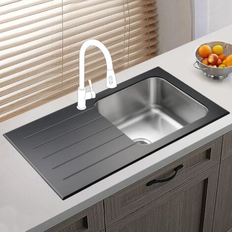 JASSFERRY Black Glass Top Kitchen Sink Stainless Steel 1 Bowl Left Hand Drainer Glossy Drainboard, 860 x 500 mm