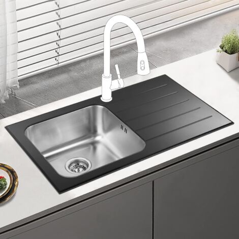 JASSFERRY Brilliant Black Glass Top Kitchen Sink Stainless Steel Single 1 Bowl Right Hand Drainer Glossy Drainboard, 860 x 500 mm