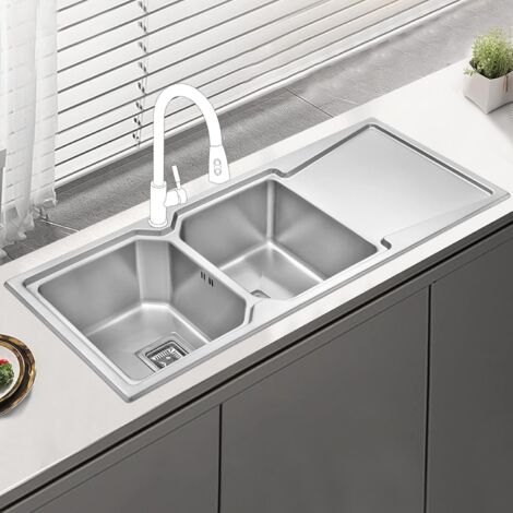 JASSFERRY Brilliant Inset Kitchen Sink 1.2 mm Thickness Stainless Steel 2 Bowls Right Hand Drainer Square Strainer Plug Waste Pipe Kit