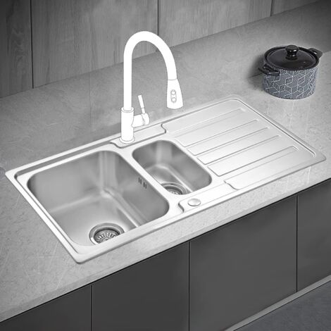 JASSFERRY Brilliant Stainless Steel Kitchen Sink 1.5 Square Bowl Rome Style Reversible Drainer with Strainer Waste 970 x 500 mm