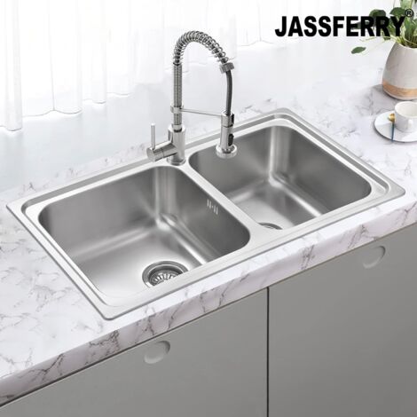 JASSFERRY Brilliant Stainless Steel Kitchen Sink 1.5 Two Square Bowl Rome Design with Strainer Waste, 860 X 500 mm