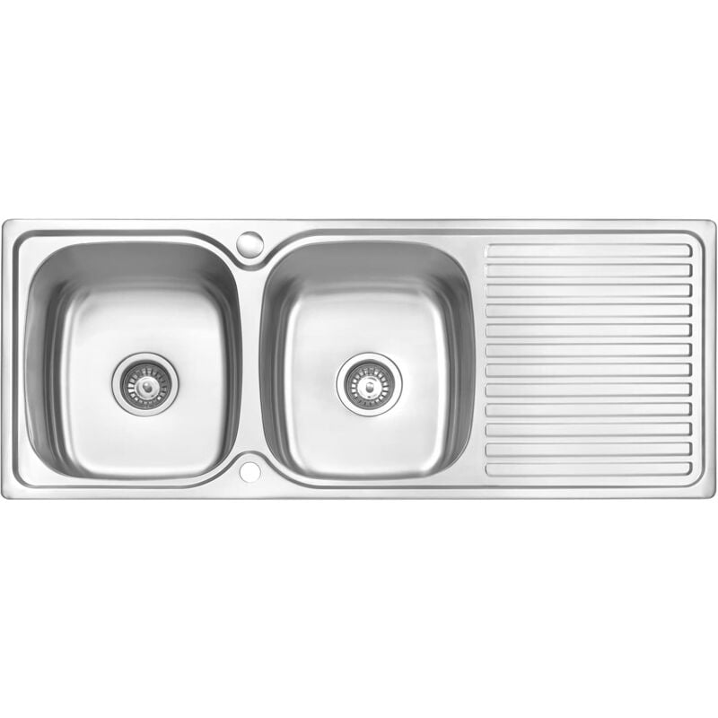 Vier de cuisine 2 Bacs , Acier Inoxydable, égouttoir réversible, 1180 x 480 mm avec Siphon et Trop Plein - Jassferry