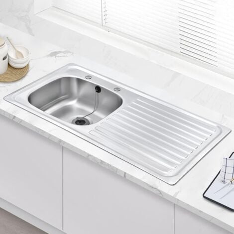 JASSFERRY Stainless Steel Kitchen Sink, Right Hand Drainer Inset Drop-in Single 1 Bowl, Two Pre-drilled Tap Hole, 930 x 480 mm
