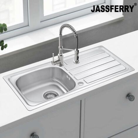 JASSFERRY Stainless Steel Kitchen Sink Single 1 One Bowl Reversible with Waste Pipes Clips, 930 x 430 mm