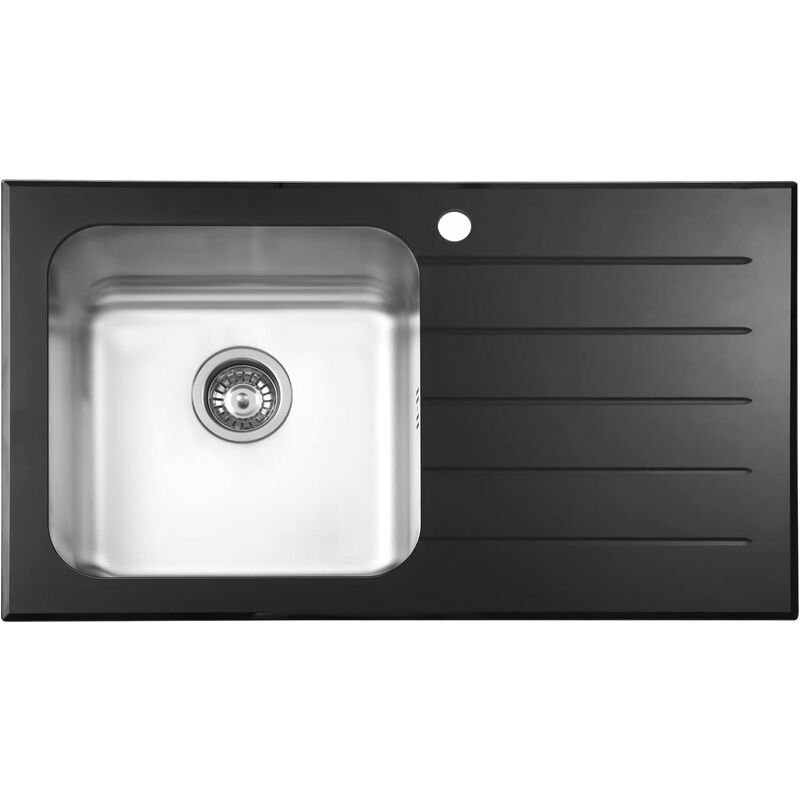 Noir Evier Cuisine 1 Bac, en Acier Inox 304, 860 x 500 mm Égouttoir à main droite - Jassferry
