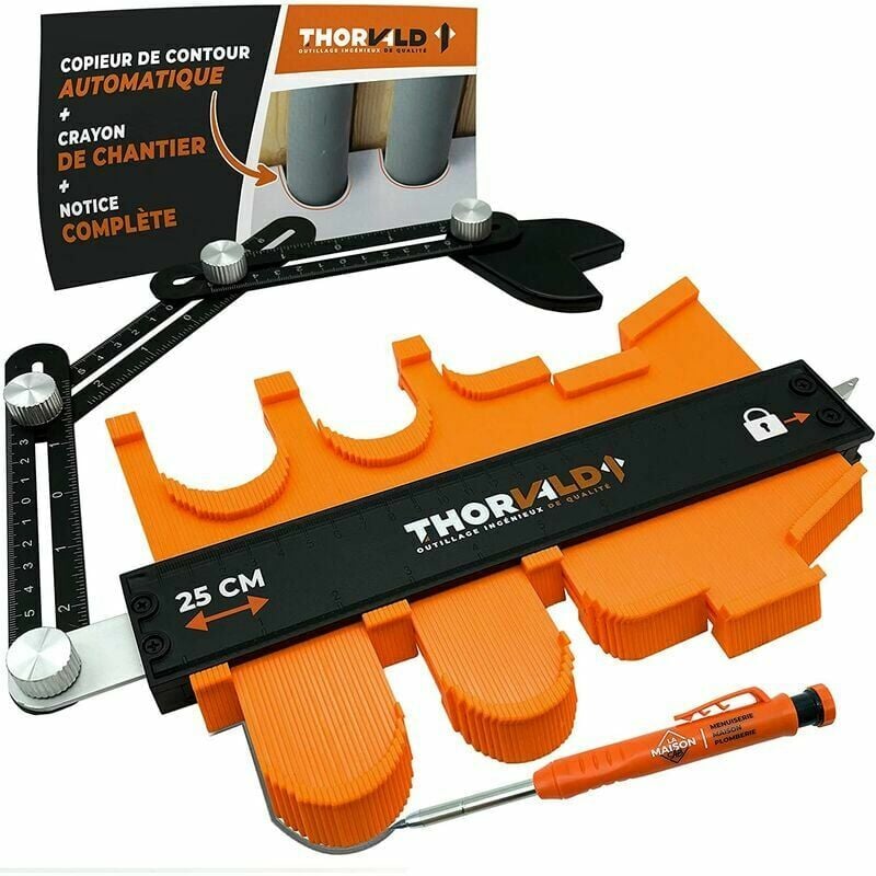 Jauge de Contour Automatique 25cm Verrouillable - CRAYON CHANTIER et NOTICE FR - Copieur de Contour pour traçage gabarit de decoupe carrelage et