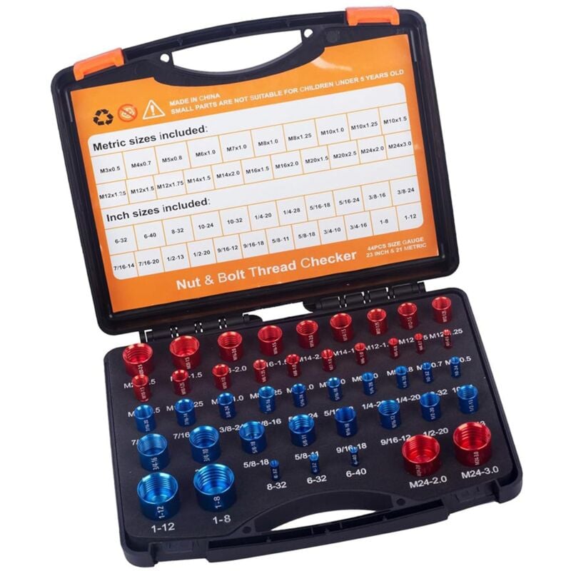Ej.life - Jauge de Contrôle d'écrou et de Filetage de Boulon en Acier au Carbone, 44 Pièces, Identifiant avec Boîte de Rangement, Ensembles