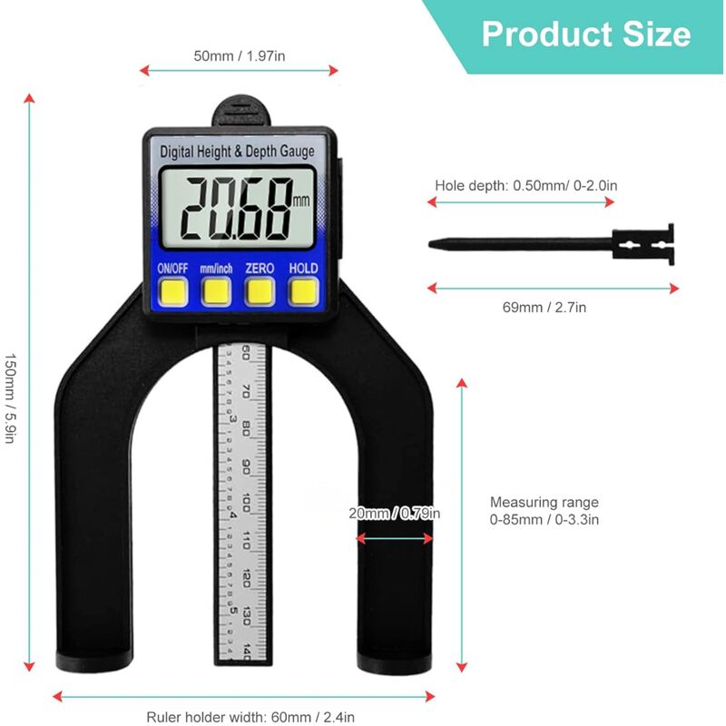 Jauge de Profondimètre Numérique Hauteur 0-80mm LCD Jauge de Hauteur pour Le Travail du Bois et la Construction de Machines