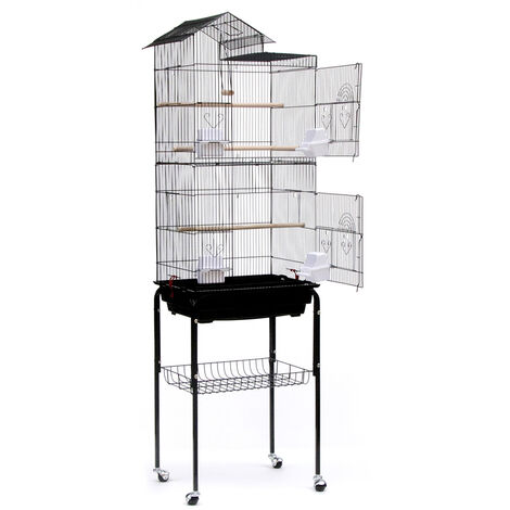 Jaula de pajarera para pájaros loros en metal y madera, con carro de pedestal en forma de casa negra, 46 x 35,5 x 158,5 cm - Nero