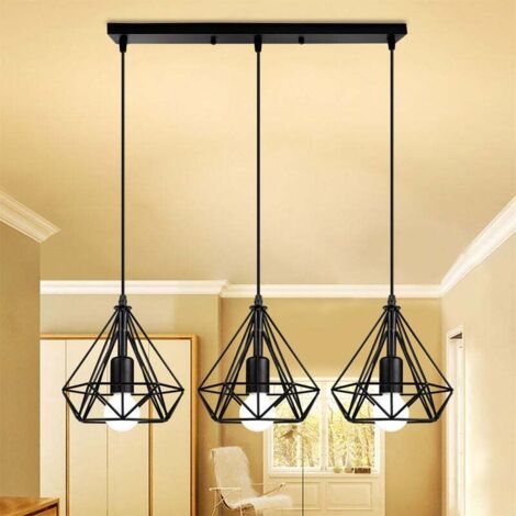 Jaula Lámparas de Colgar de Diamante de Hierro 3 Portalámparas Simple Nórdico Lampara de Techo Ø20CM Moderno Hueco Sala Comedor Dormitorio Cocina (Negro)