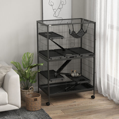 Jaula para Animales Pequeños con Ruedas Rampas Hamaca y Bandeja Extraíble para Chinchillas Hurones 80x52x128 cm Gris