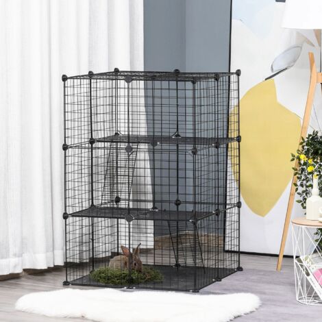Jaula para Animales Pequeños de 3 Niveles con Rampas y Forma Personalizable para Cobayas Conejos 70x70x105 cm Negro