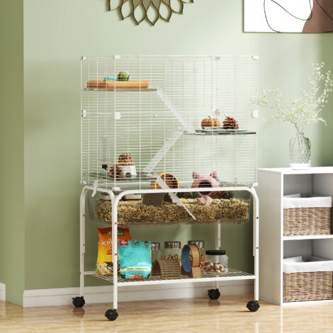 Jaula para Animales Pequeños de 4 Niveles con Ruedas Bandeja Profunda Rampas Plataformas y Comedero 73x47x123 cm Blanco