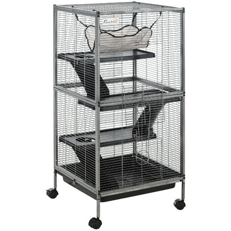 Jaula para animales pequeños de 4 niveles parque para mascotas con ruedas 2 puertas 3 rampas hamaca colgante y bandeja extraíble 52x52x113,5 cm gris