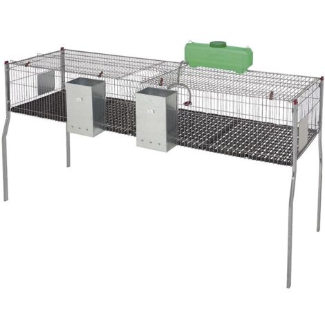 Jaula para conejos 2 departamentos suelo plástico 200 x 62 x 99 cm equipada con tolvas y bebederos