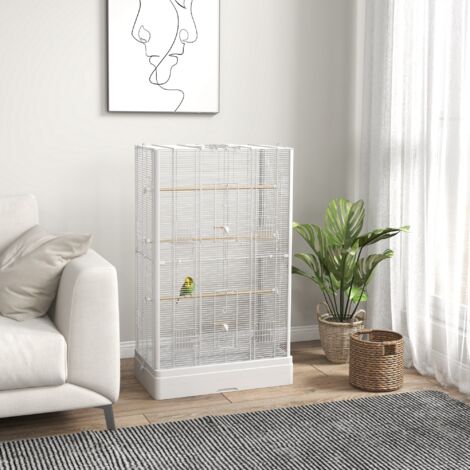 Jaula para Pájaros 61x36,5x98 cm con 8 Puertas 5 Perchas Bandeja Extraíble y 4 Comederos para Periquitos Pinzones Blanco