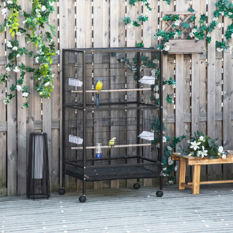 Jaula para Pájaros con 4 Ruedas Pajarera Metálica con Múltiples Puertas 4 Comederos Bebedero 2 Perchas 79x52x137cm Negro