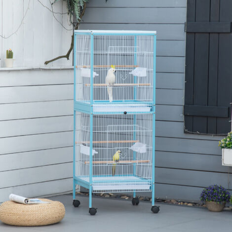 Jaula para Pájaros de 2 Niveles con Ruedas Bandejas Extraíbles Puertas Comederos Perchas 51,5x50x140 cm Azul