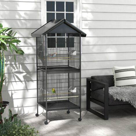 Jaula para Pájaros Grande de 2 Pisos Convertible en Sola Jaula con Ruedas Comederos 4 Perchas 78x75x168 cm Negro