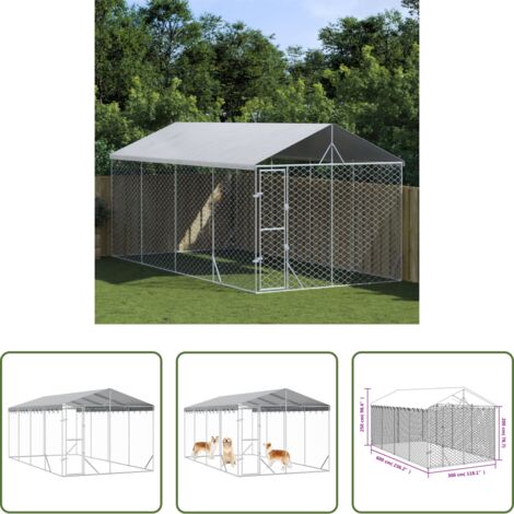 Jaula para perros -  Perrera de exterior con toldo acero galvanizado plata 3x6x2,5 m