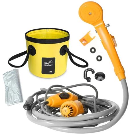 (Jaune avec sac) Douche portable de camping, randonnée et voyage, allume-cigare 12 V, douche extérieure pour arrosage des plantes, nettoyage de voiture et bain d'animaux. Pompe