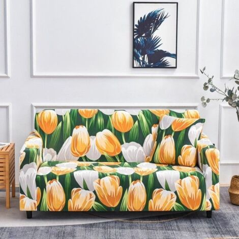 (jaune, vert)Housse de Canapé Extensible 2 Place Couverture Canapé avec Accoudoirs, tulipe, jaune, vert[SFT172]