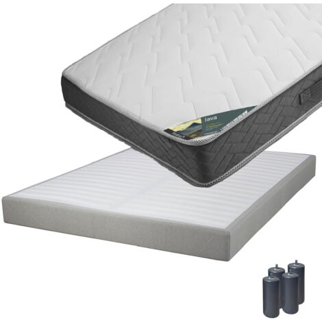 JAVA - Pack Matelas 140x190 + Sommier Tapissier Démontable 2x20 Lattes Lin + Pieds Anthracites 15cm
