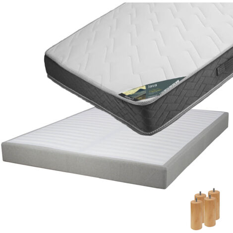 JAVA - Pack Matelas 140x190 + Sommier Tapissier Démontable 2x20 Lattes Lin + Pieds Bois 15cm