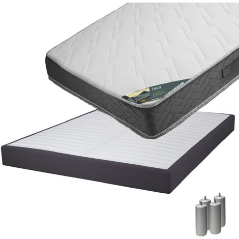 JAVA - Pack Matelas 160x200 + Sommier Tapissier Démontable 2x20 Lattes Anthracites + Pieds Argent 15cm
