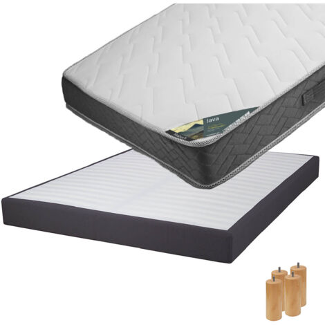 JAVA - Pack Matelas 160x200 + Sommier Tapissier Démontable 2x20 Lattes Anthracites + Pieds Bois 15cm