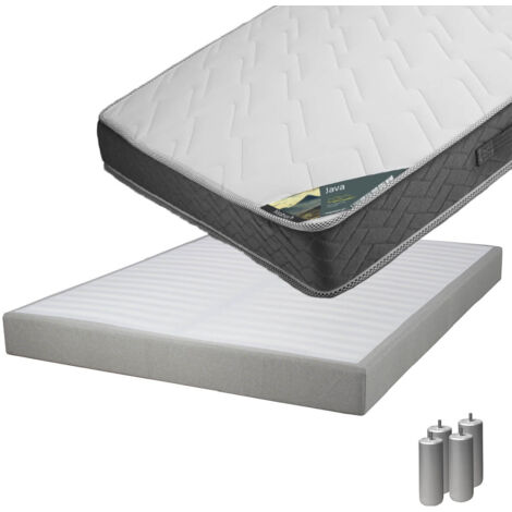 JAVA - Pack Matelas 160x200 + Sommier Tapissier Démontable 2x20 Lattes Lin + Pieds Argent 15cm