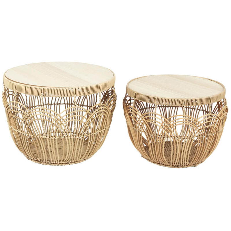Altobuy - jaya - Lot de 2 Tables en Rotin Synthétique et Plateau mdf Imitation Bambou