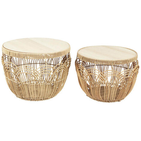 ALTOBUY JAYA - Lot de 2 Tables en Rotin Synthétique et Plateau MDF Imitation Bambou