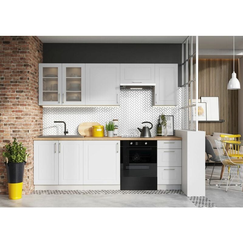 

JAZZI S | Cocina lineal completa L 240cm 7 piezas | Juego de gabinete de cocina | Acabado mate + Asas de metal - Gris Claro/Gris