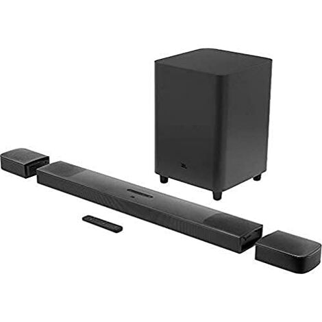 JBL Bar 9.1, Sound Bar mit Dolby Atmos Leistung, Subwoofer und zwei kabellosen Surround-Lautsprechern und Google Chromecast und Apple Airplay 2 Streaming-Unterstützung, Farbe schwarz.
